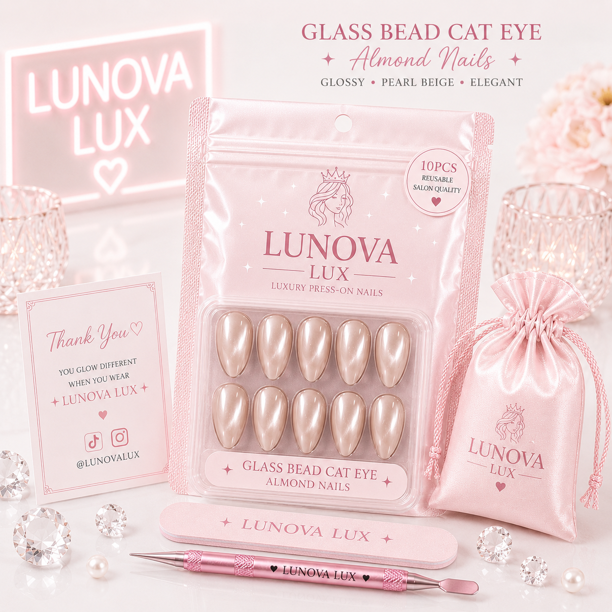 Glass Bead Cat Eye Almond Nails