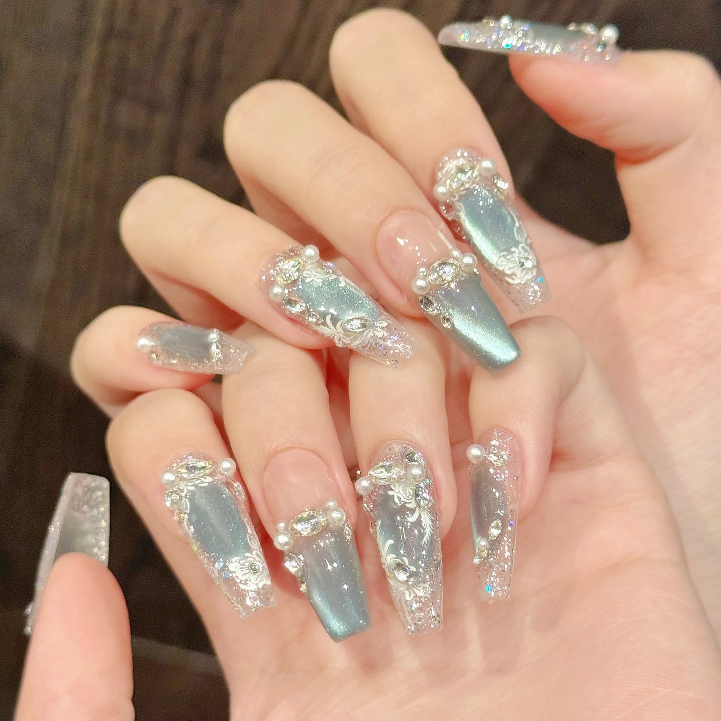 Ice Blue Crystal Cat Eye Nails