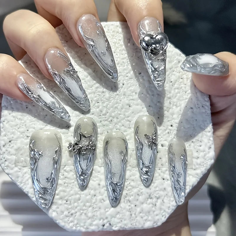 Silver Vine Heart Press-On Nails