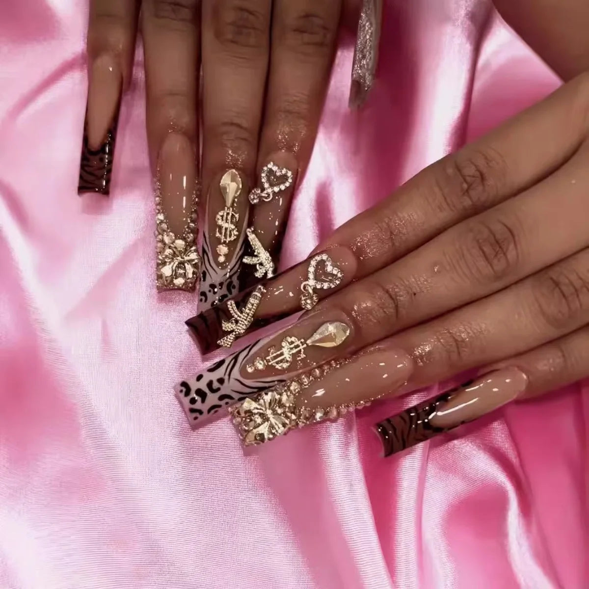 Pink Leopard Glam Square Nails