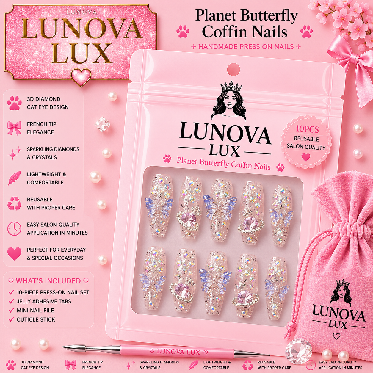 Planet Butterfly Coffin Nails