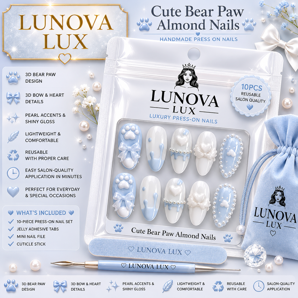 Cute Bear Paw Almond Nails
