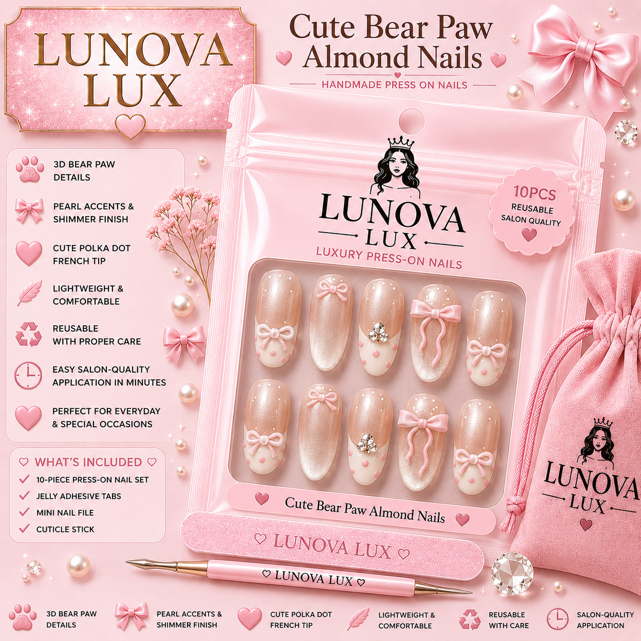 Cute Bear Paw Almond Nails