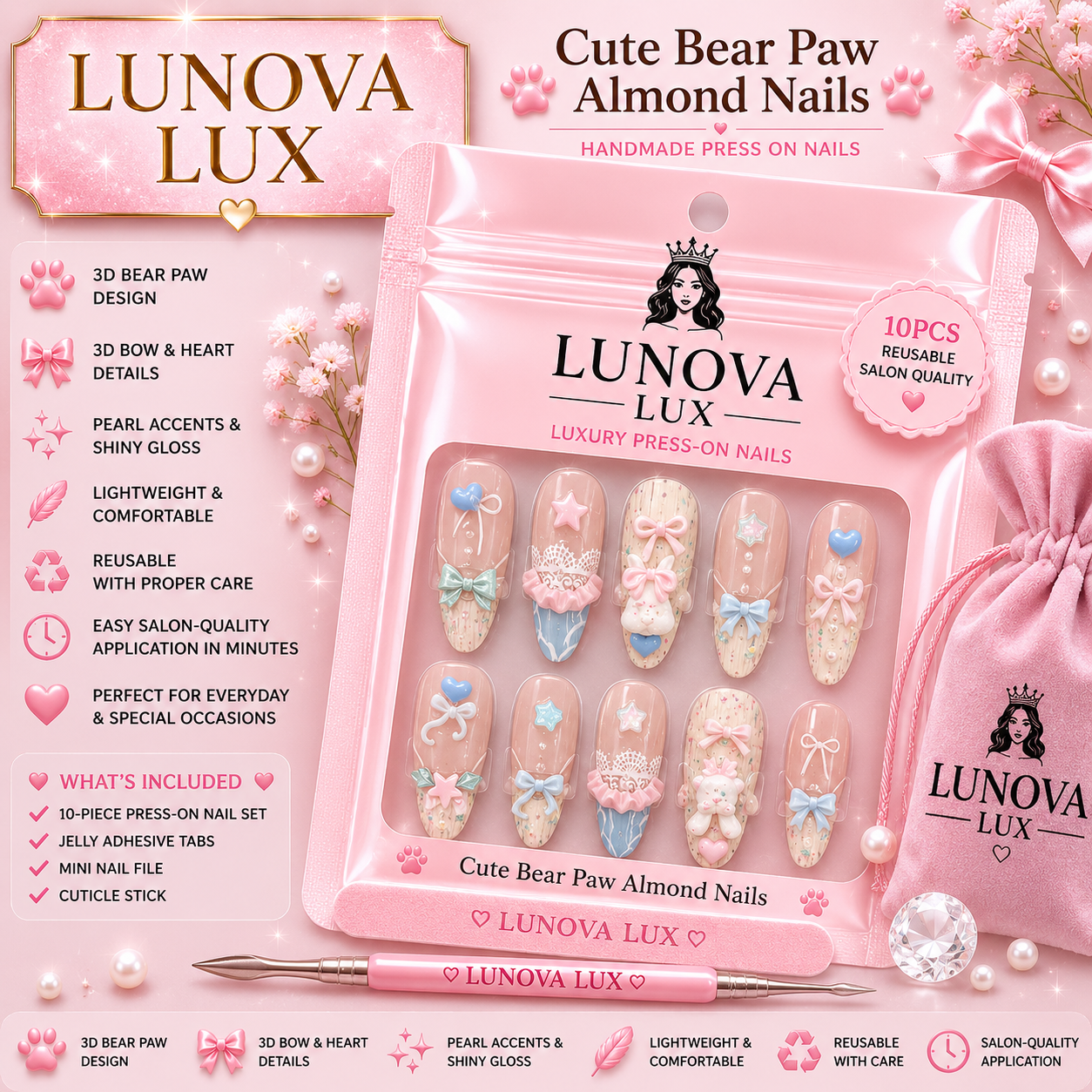 Cute Bear Paw Almond Nails