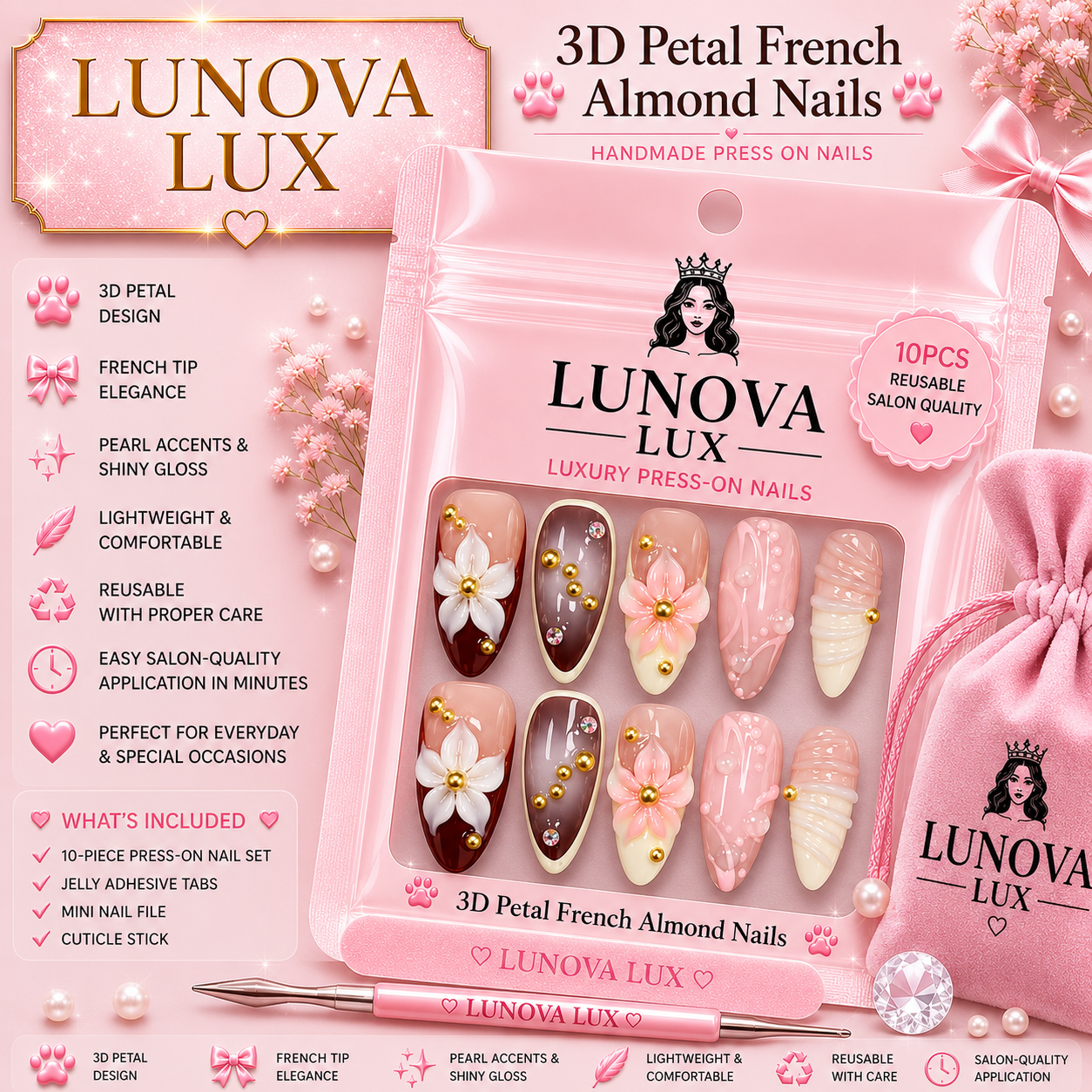 3D Petal French Almond Nails