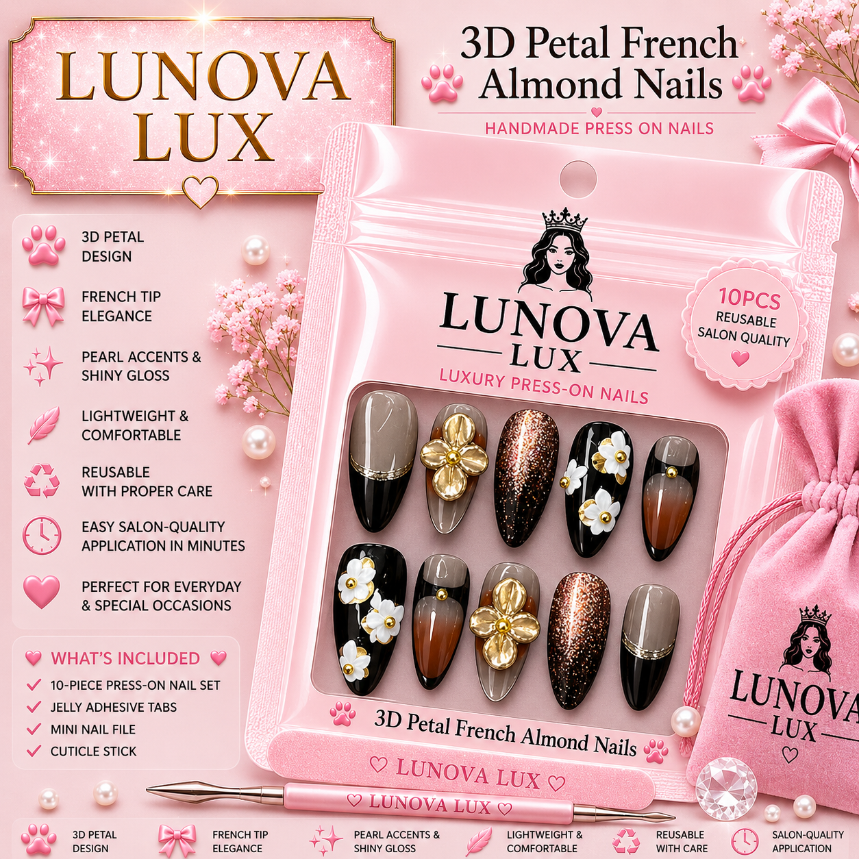3D Petal French Almond Nails