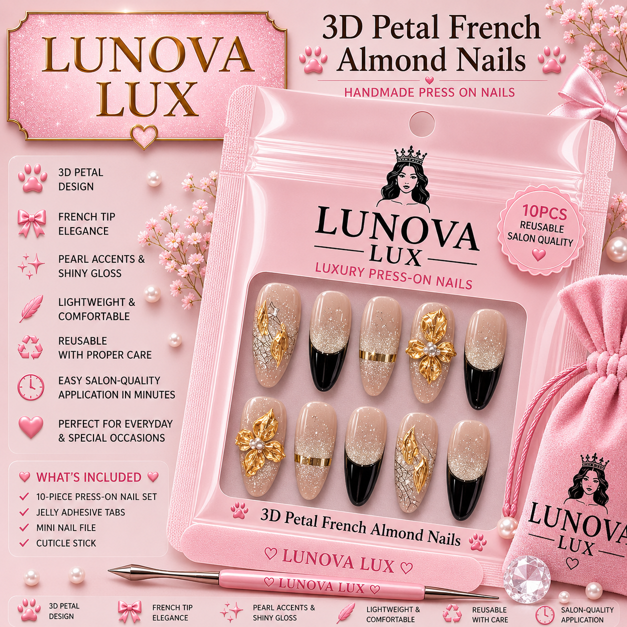 3D Petal French Almond Nails