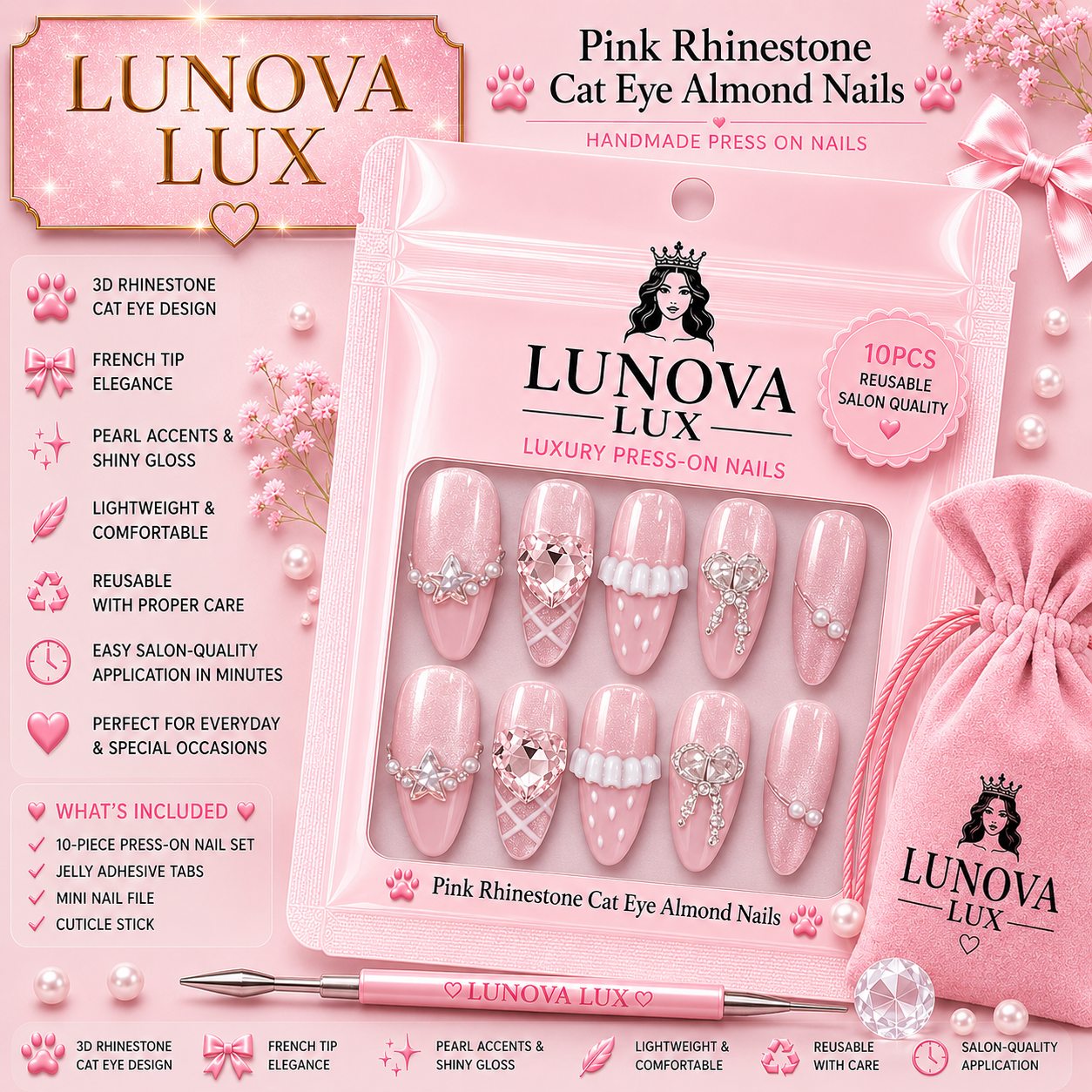 Pink Rhinestone Cat Eye Almond Nails