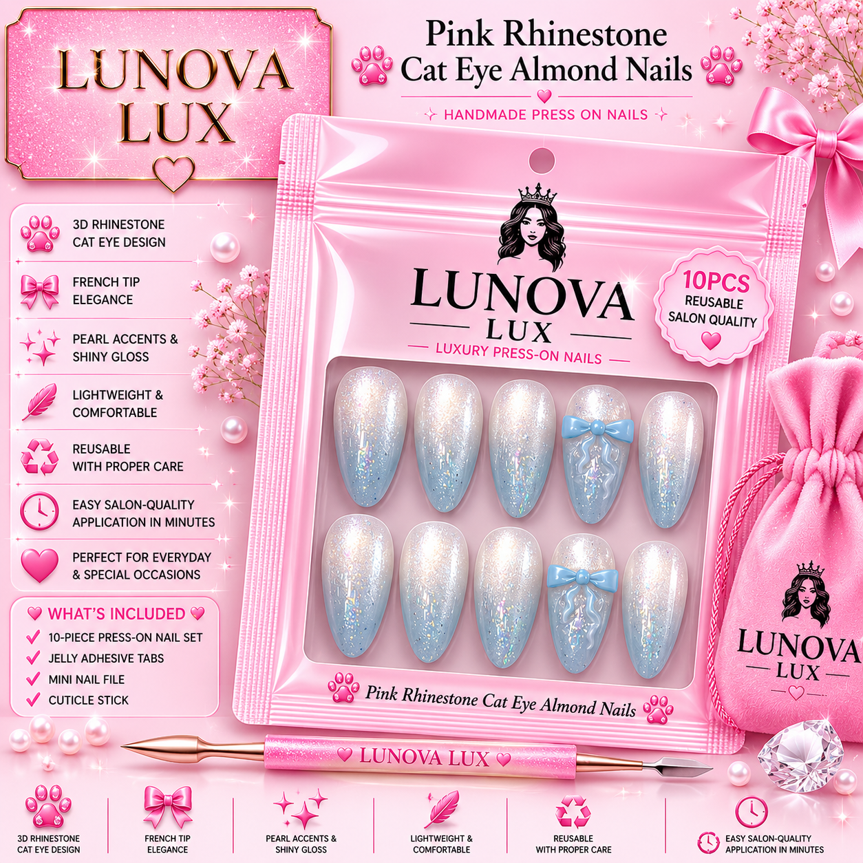 Pink Rhinestone Cat Eye Almond Nails