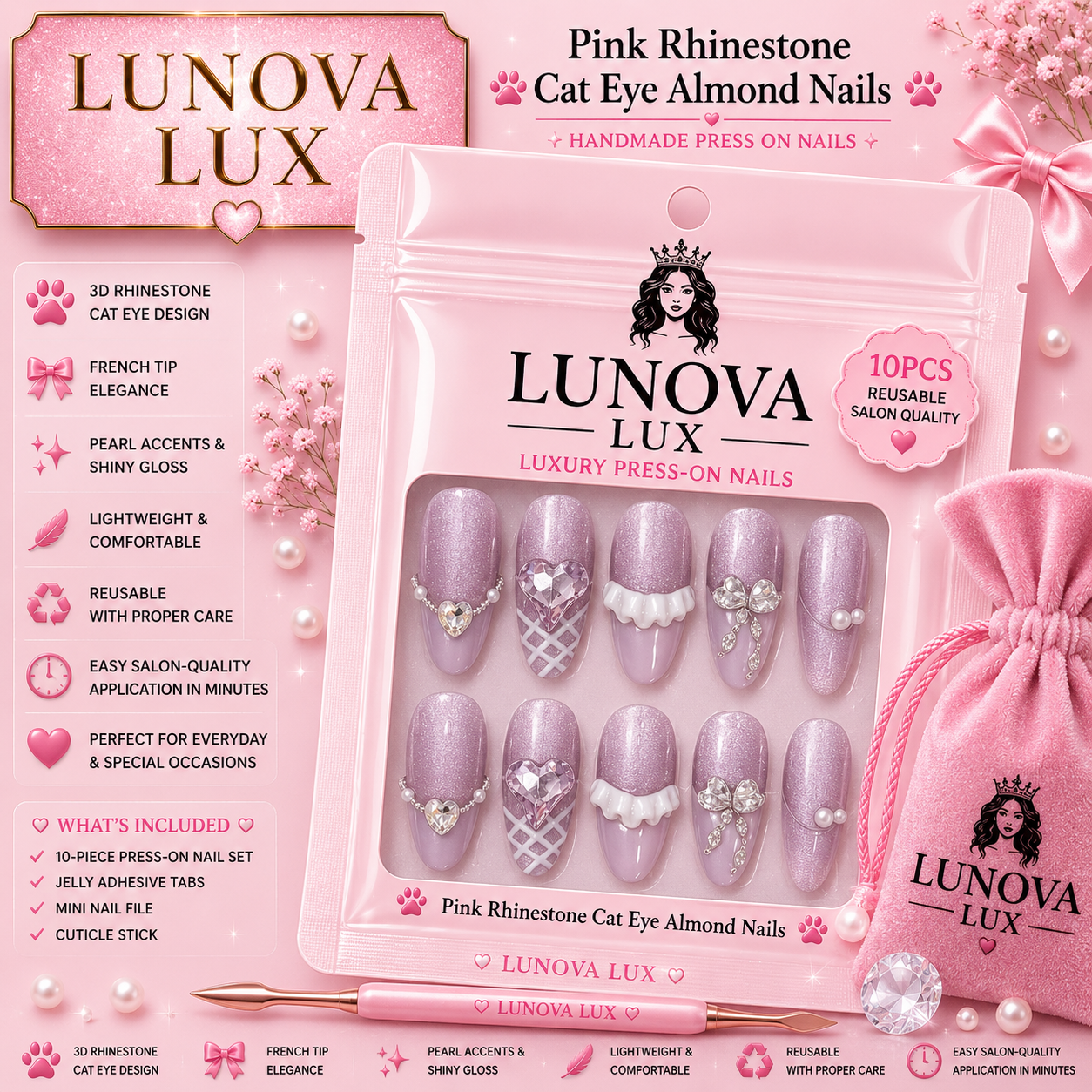 Pink Rhinestone Cat Eye Almond Nails