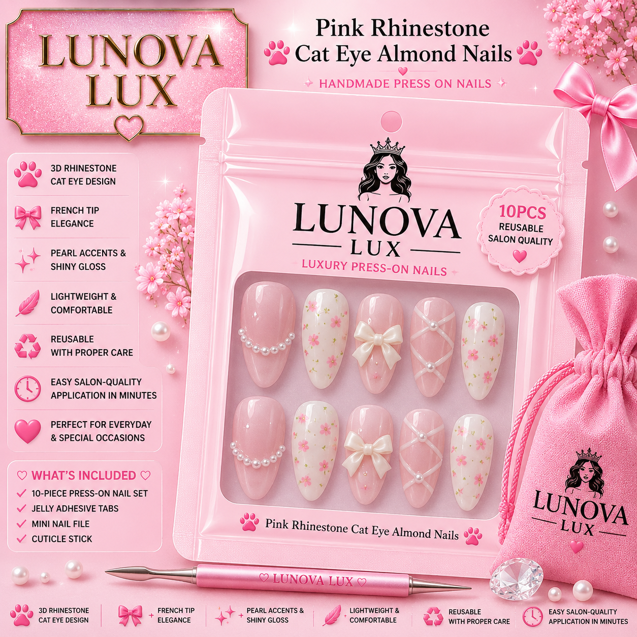 Pink Rhinestone Cat Eye Almond Nails