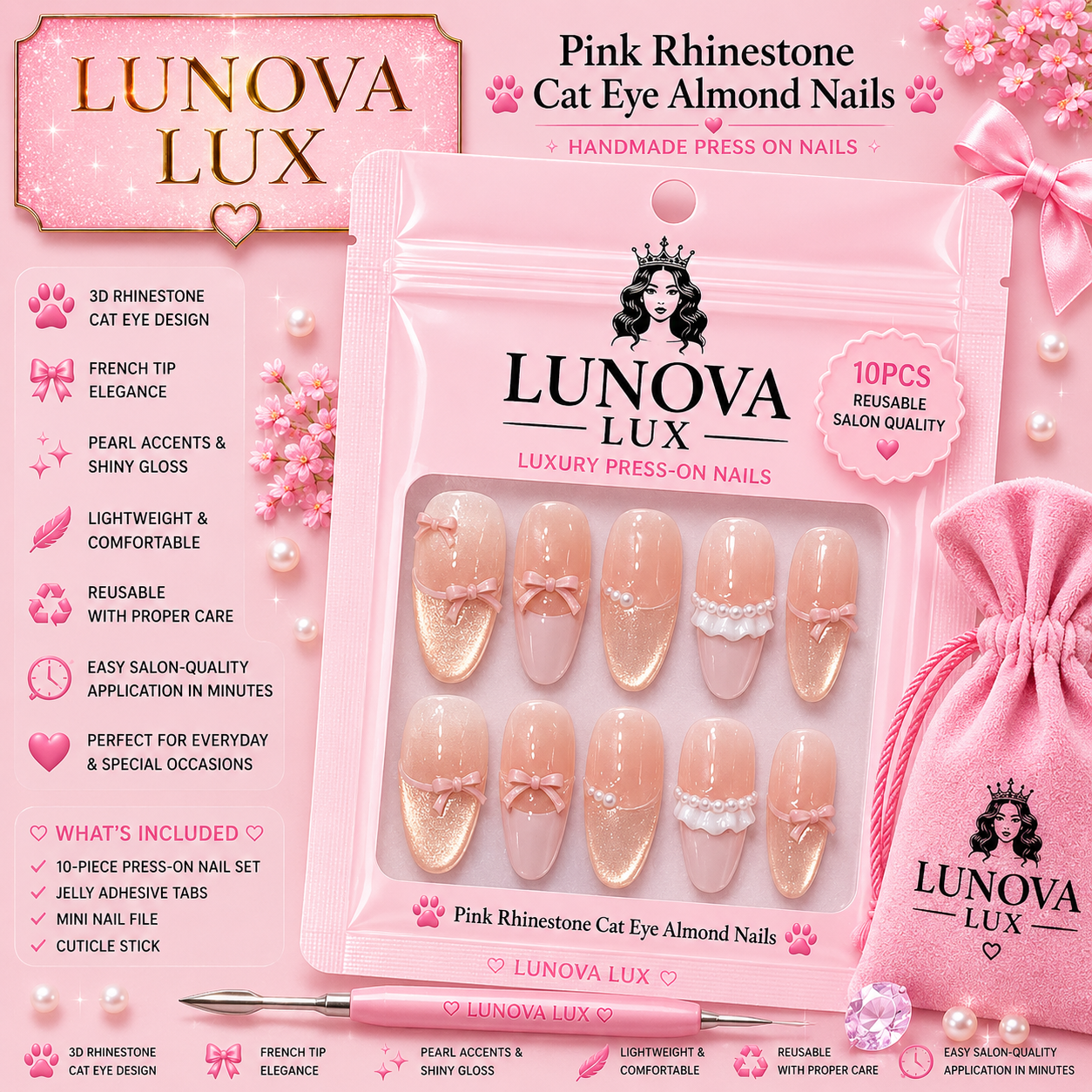 Pink Rhinestone Cat Eye Almond Nails