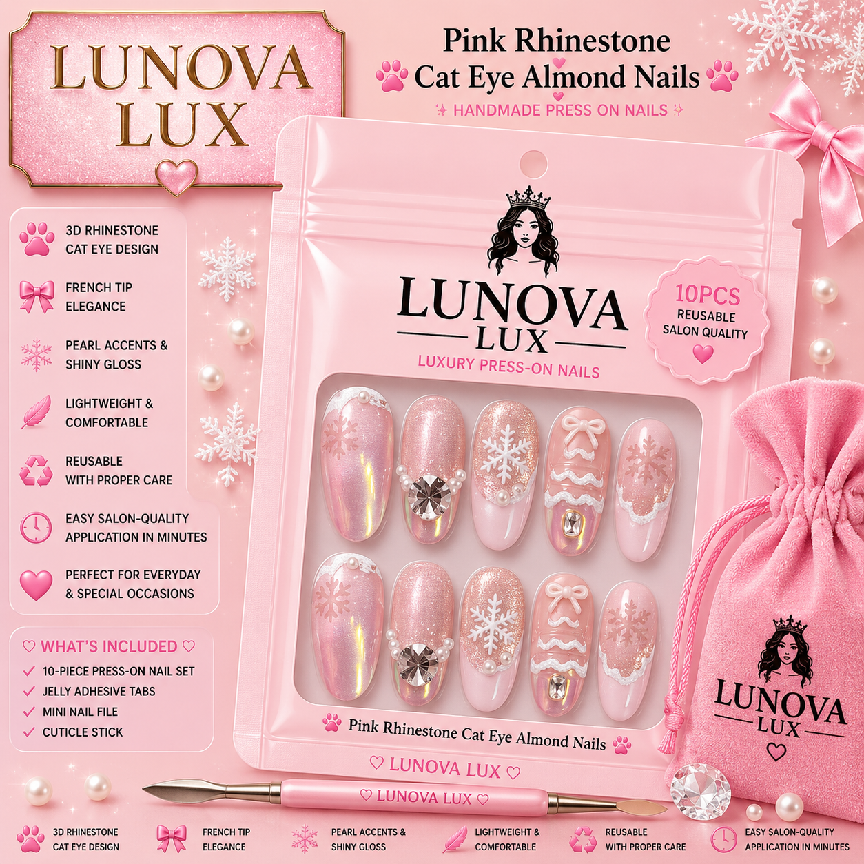 Pink Rhinestone Cat Eye Almond Nails
