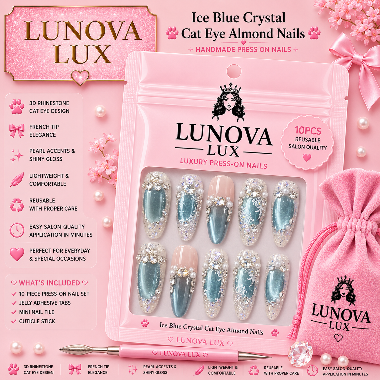 Ice Blue Crystal Cat Eye Nails