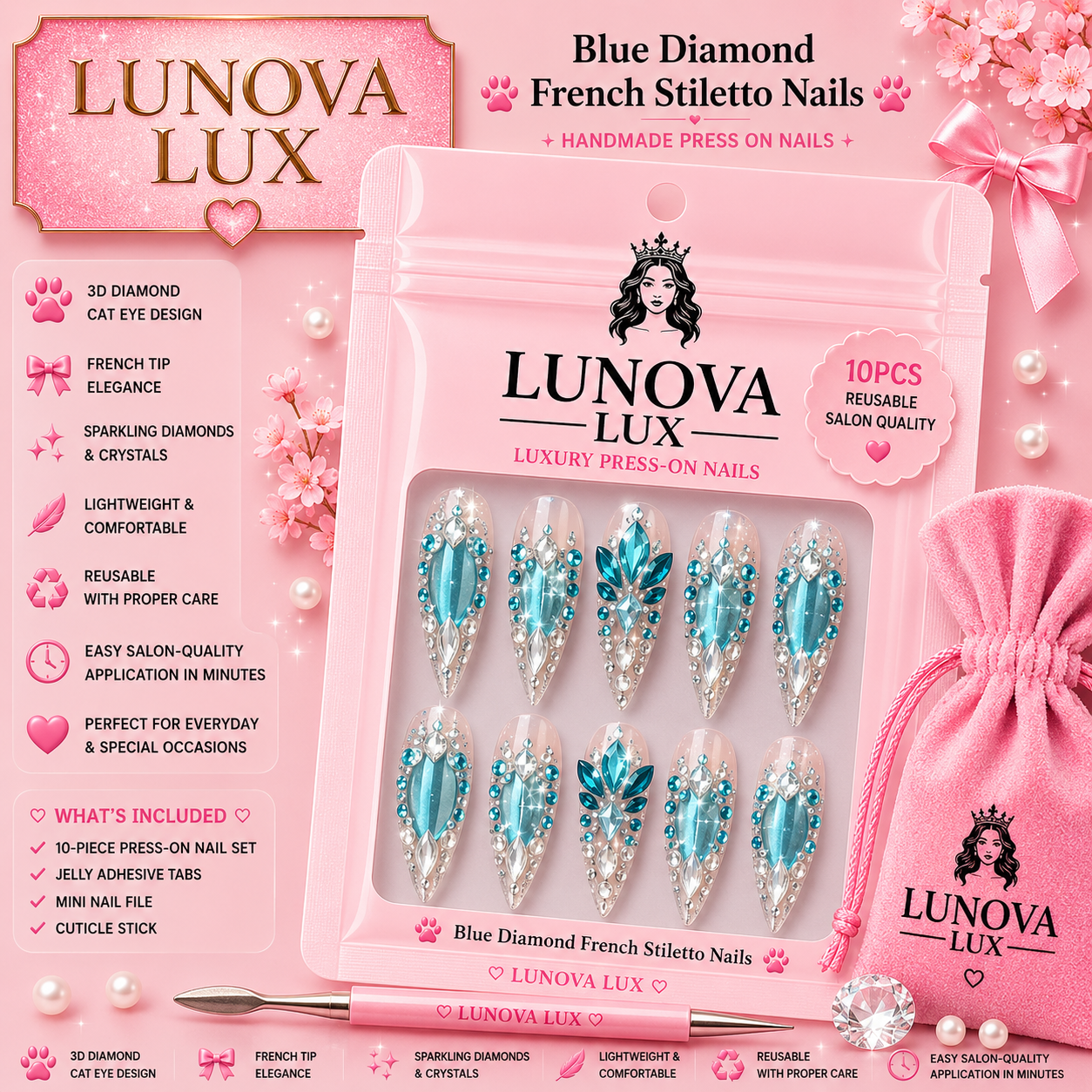 Blue Diamond French Stiletto Nails