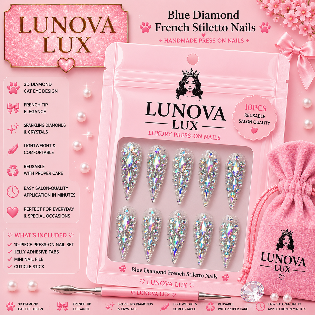 Blue Diamond French Stiletto Nails
