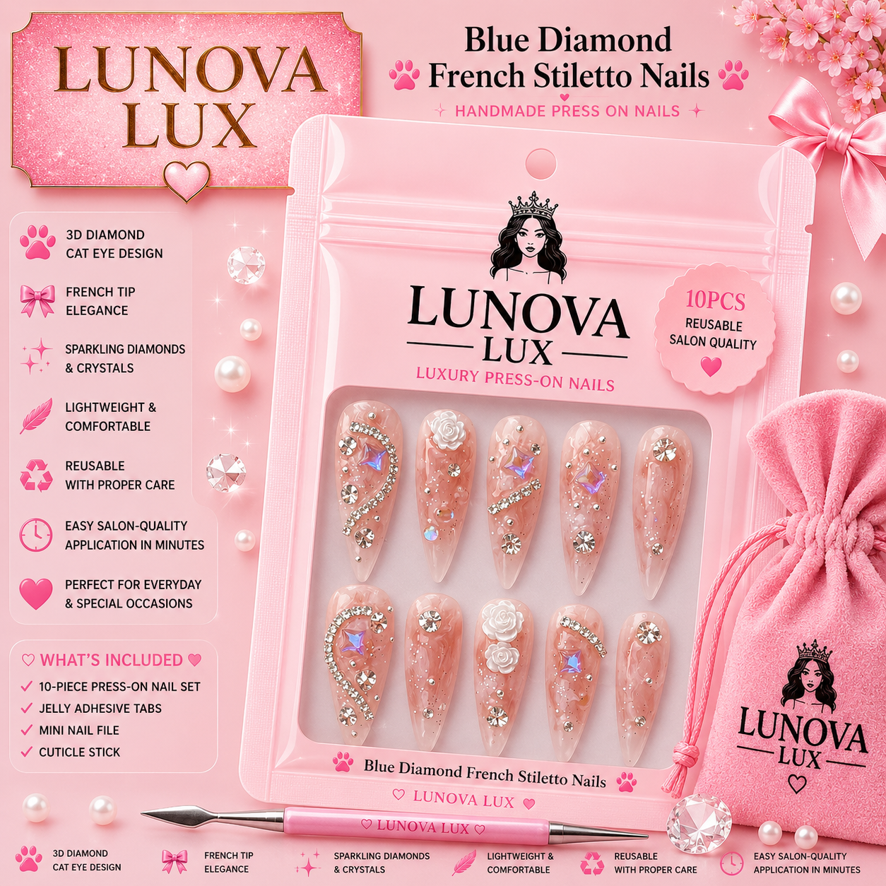 Blue Diamond French Stiletto Nails