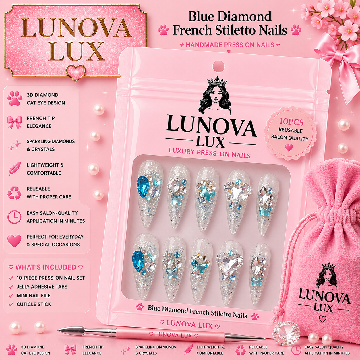 Blue Diamond French Stiletto Nails