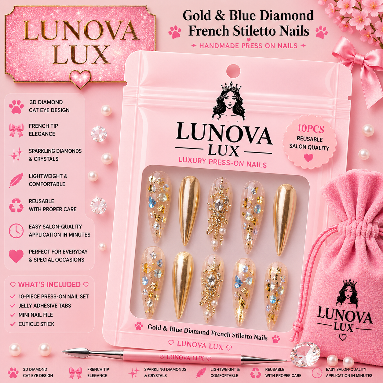 Blue Diamond French Stiletto Nails