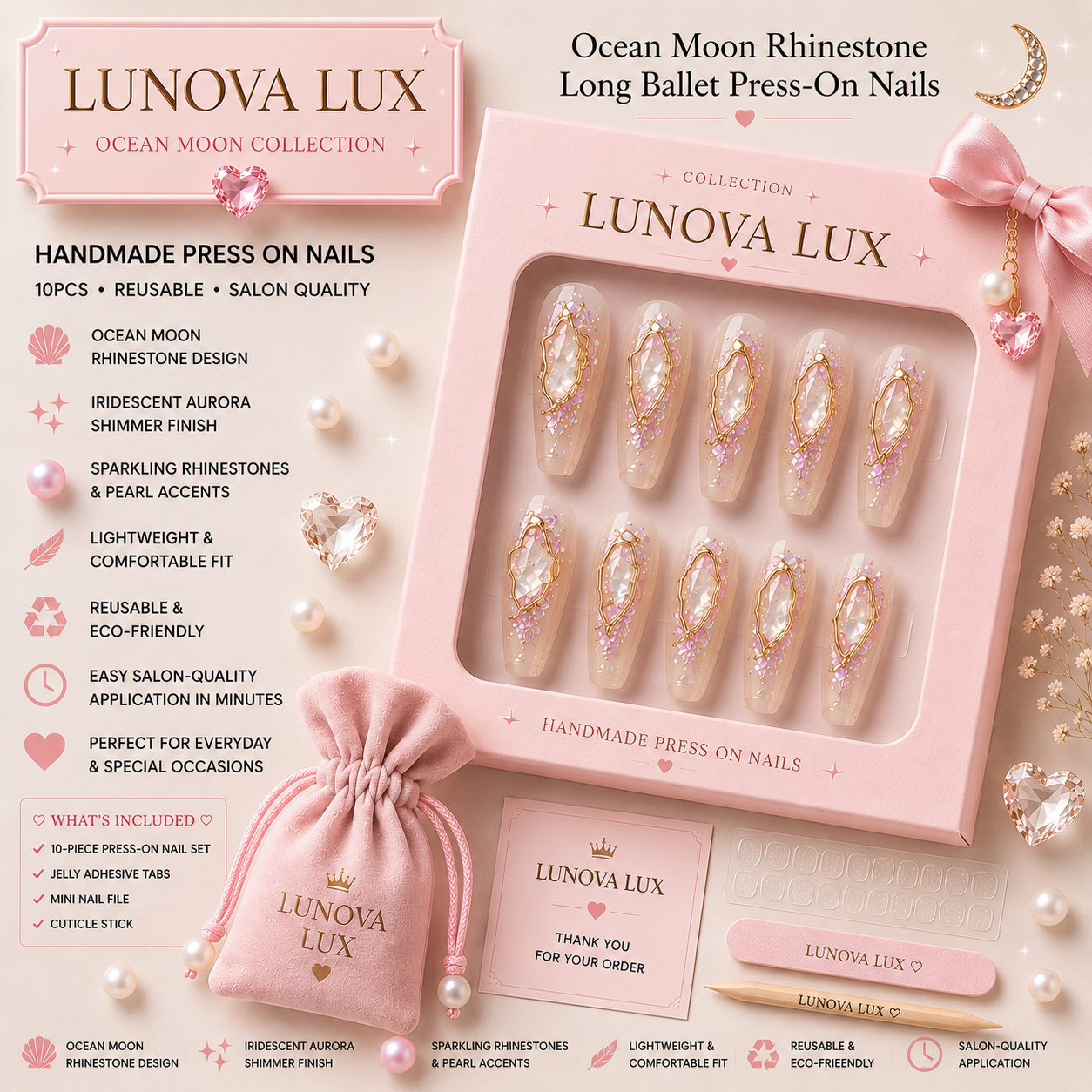 Ocean Moon Rhinestone Ballet Nails