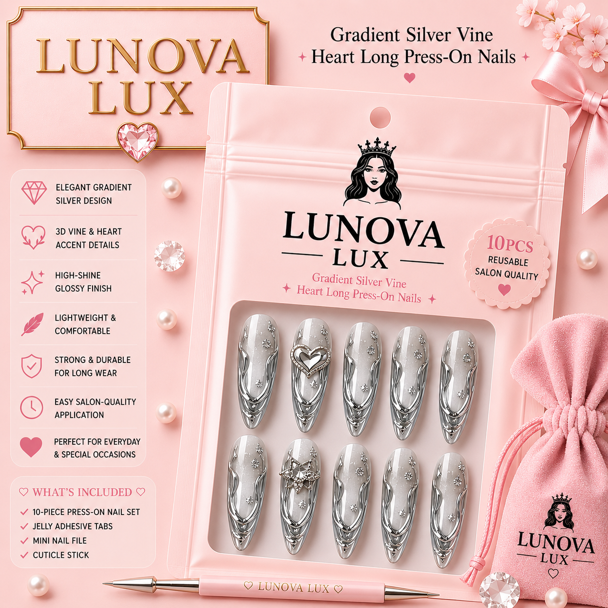 Silver Vine Heart Press-On Nails