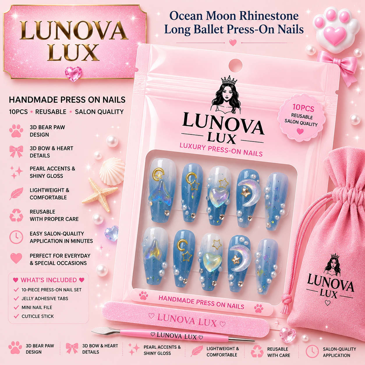 Ocean Moon Rhinestone Ballet Nails