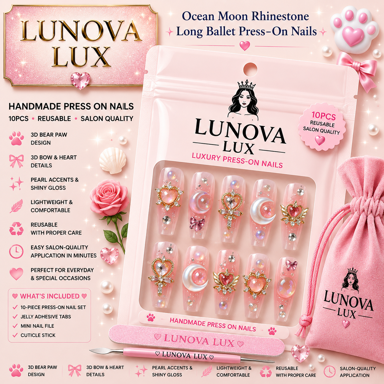 Ocean Moon Rhinestone Ballet Nails