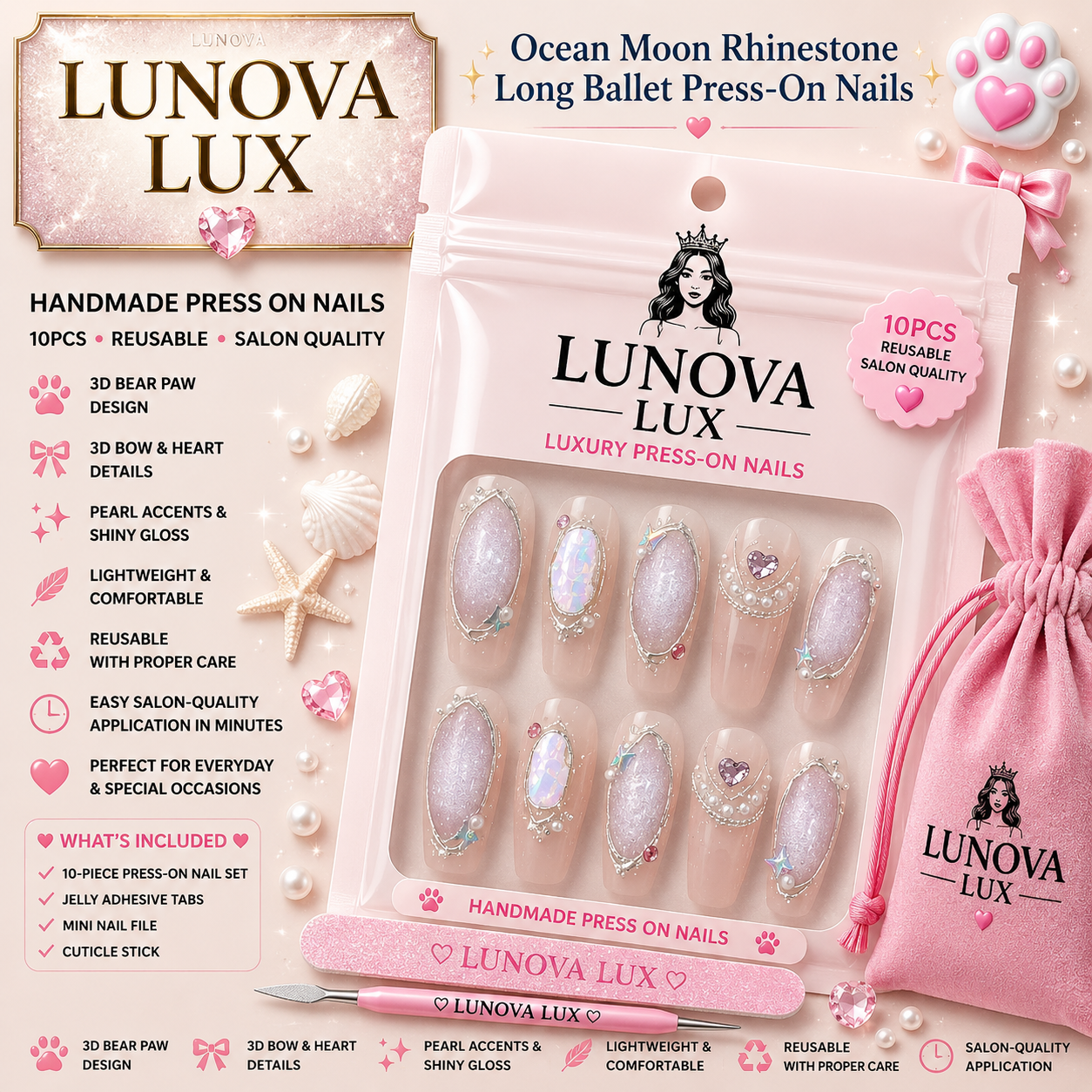 Ocean Moon Rhinestone Ballet Nails