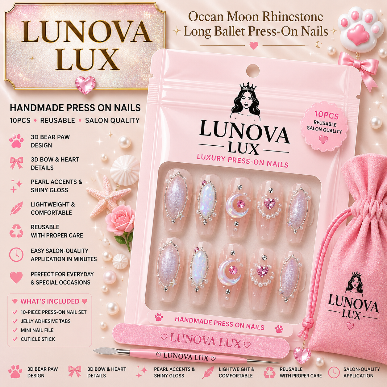 Ocean Moon Rhinestone Ballet Nails