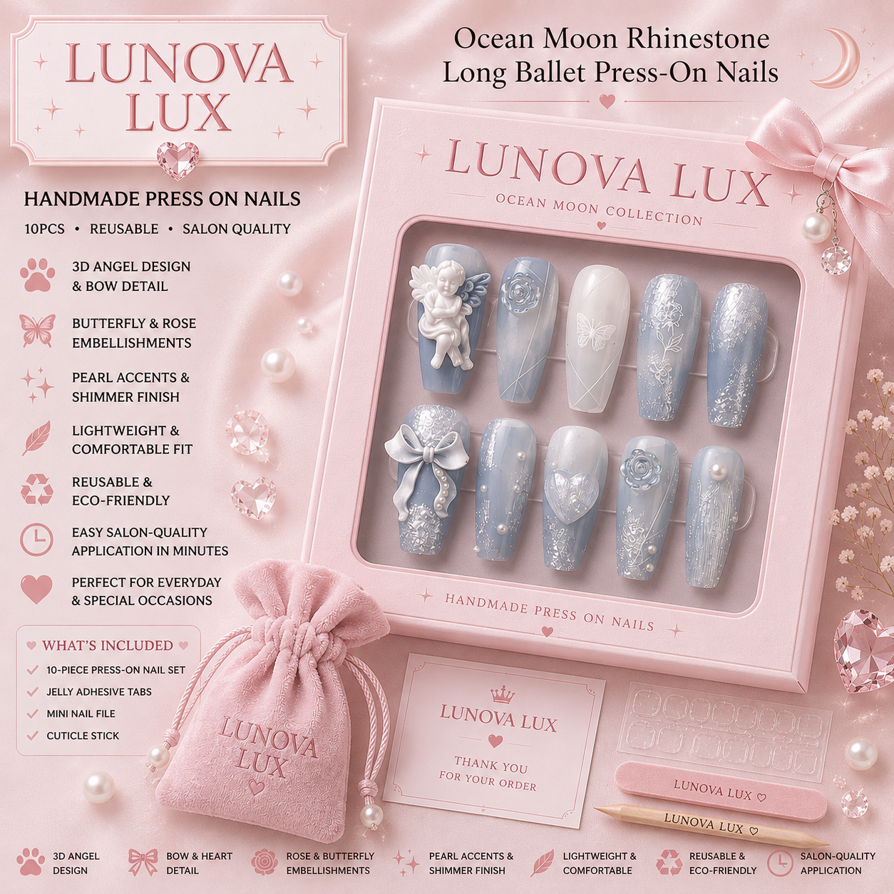 Ocean Moon Rhinestone Ballet Nails