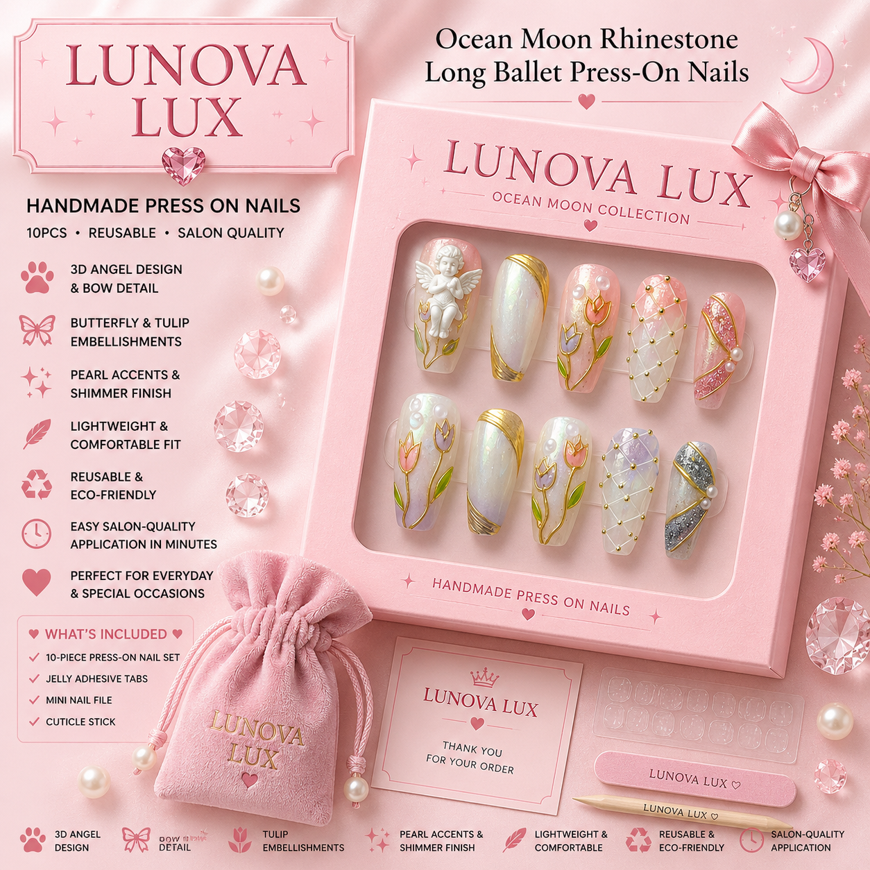 Ocean Moon Rhinestone Ballet Nails