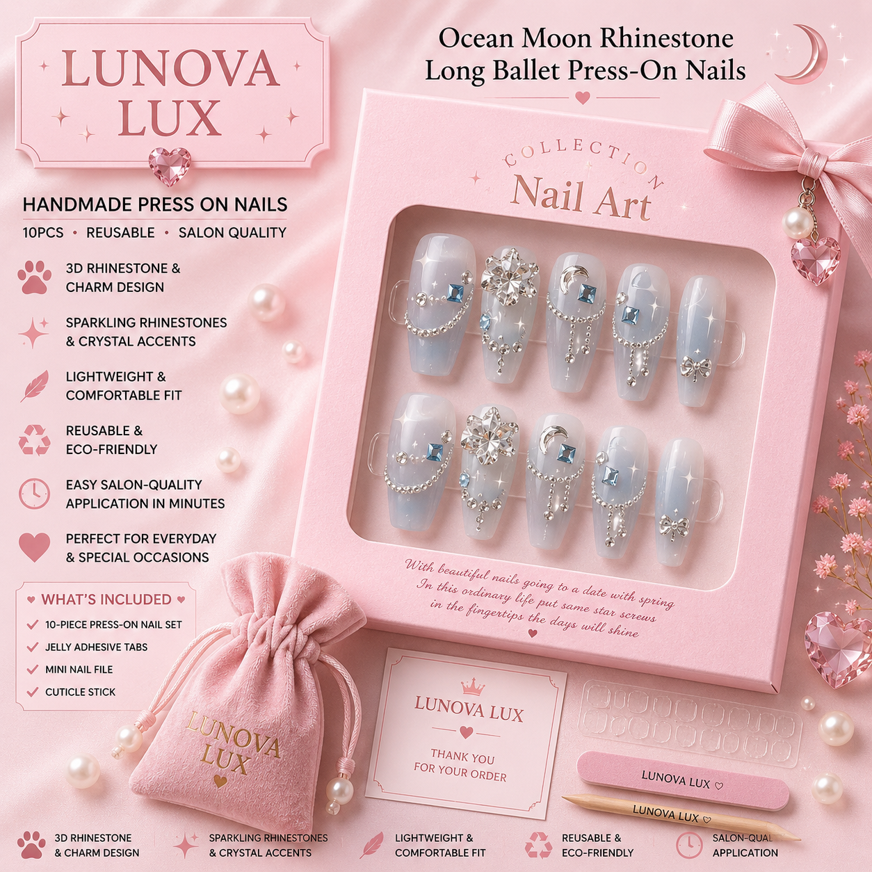 Ocean Moon Rhinestone Ballet Nails