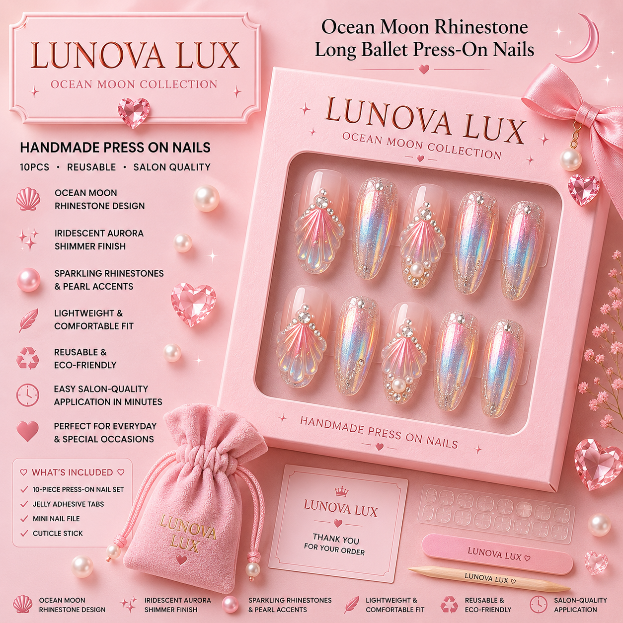Ocean Moon Rhinestone Ballet Nails