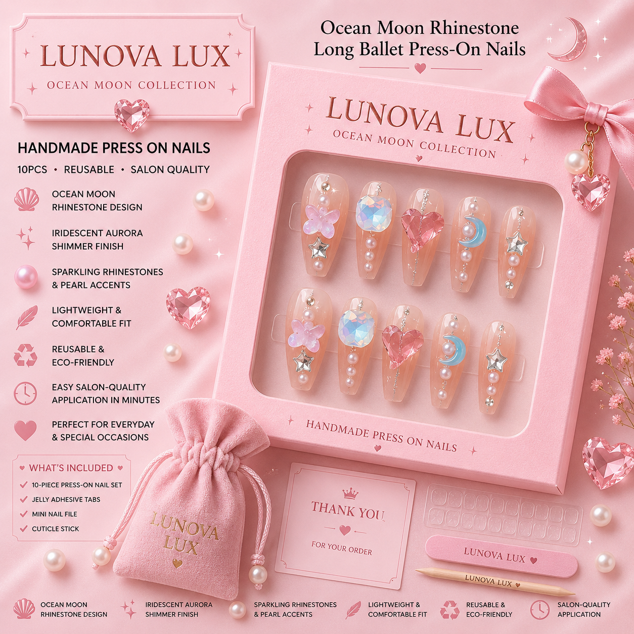 Ocean Moon Rhinestone Ballet Nails