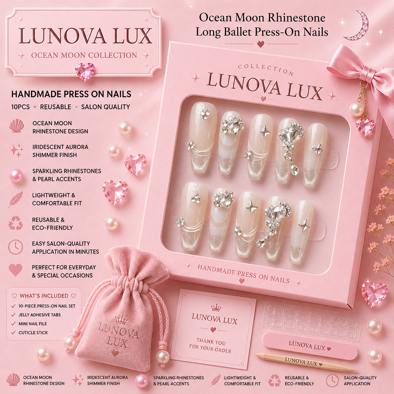 Ocean Moon Rhinestone Ballet Nails