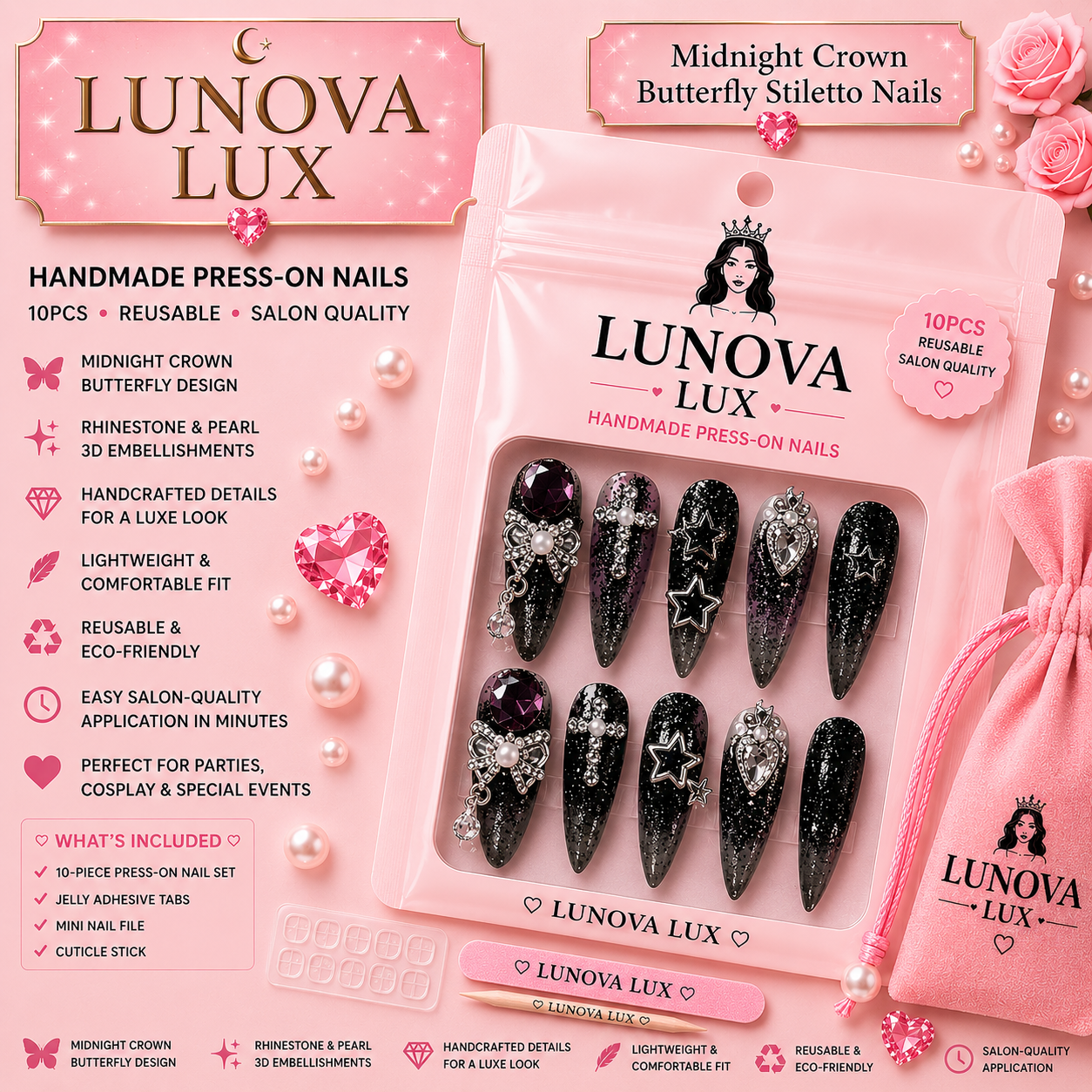 Midnight Crown Butterfly Stiletto Nails