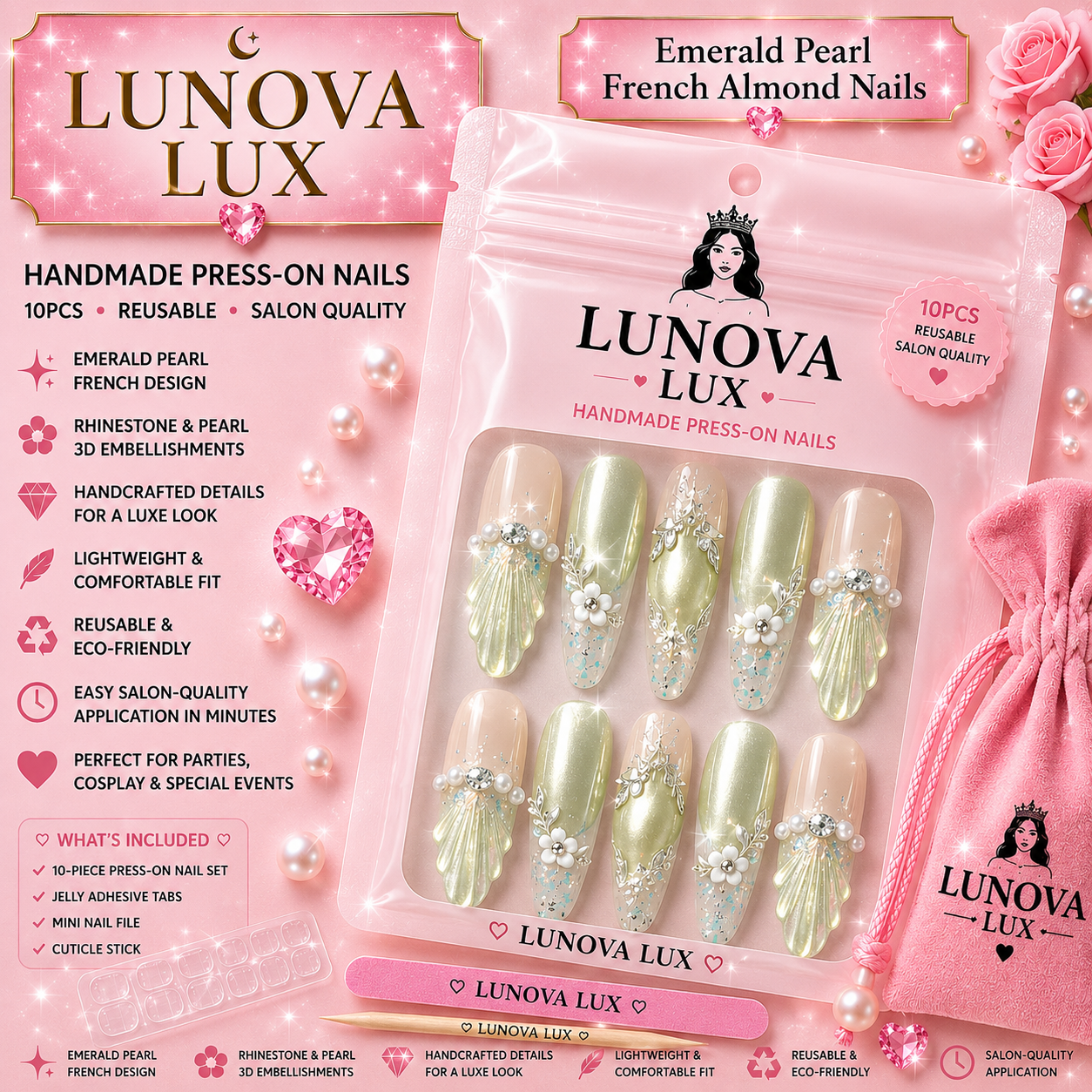 Emerald Pearl French Almond Nails