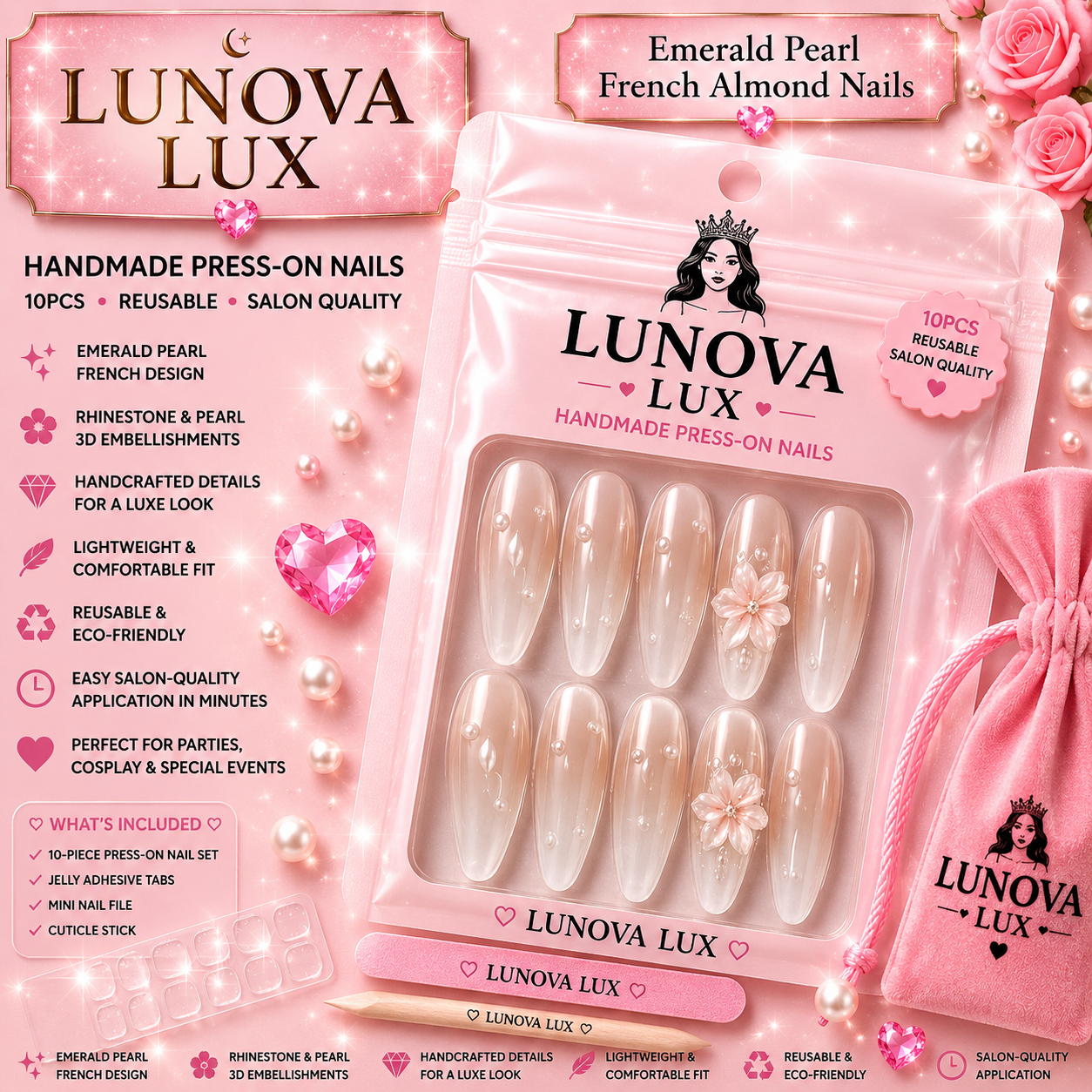 Emerald Pearl French Almond Nails