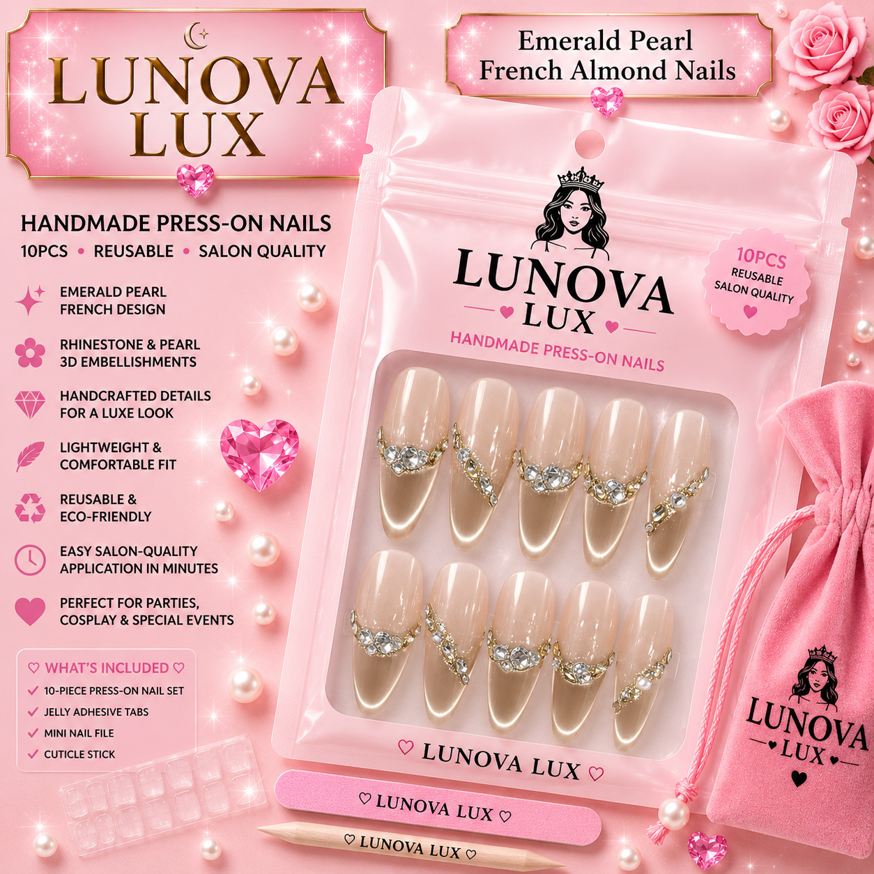 Emerald Pearl French Almond Nails