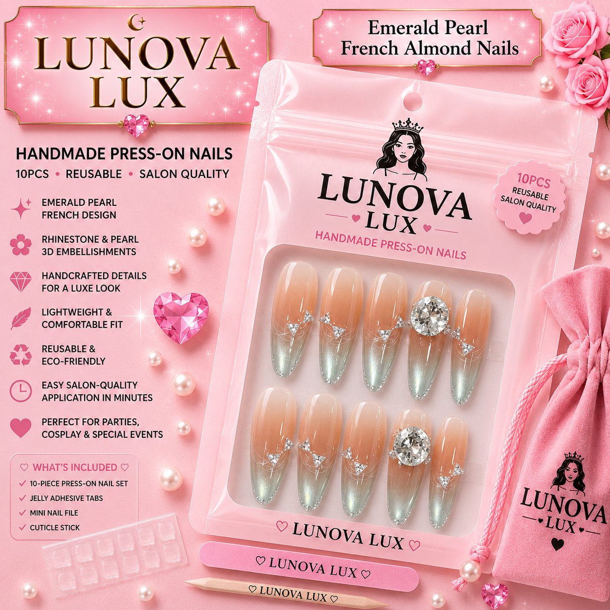 Emerald Pearl French Almond Nails