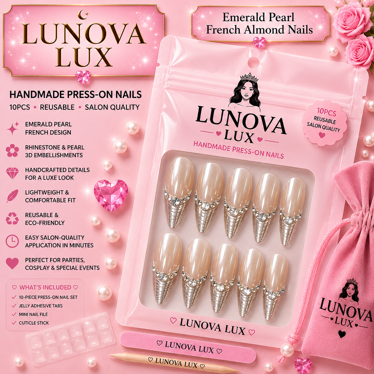 Emerald Pearl French Almond Nails