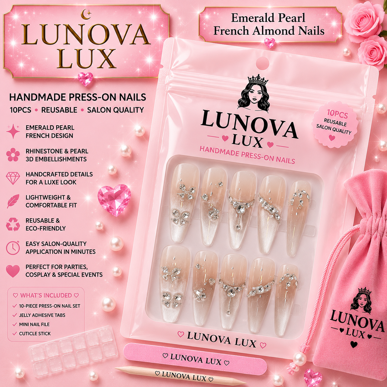 Emerald Pearl French Almond Nails
