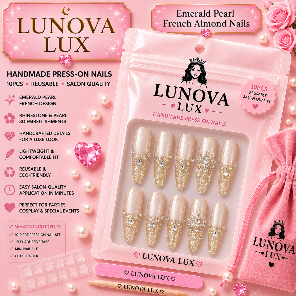 Emerald Pearl French Almond Nails