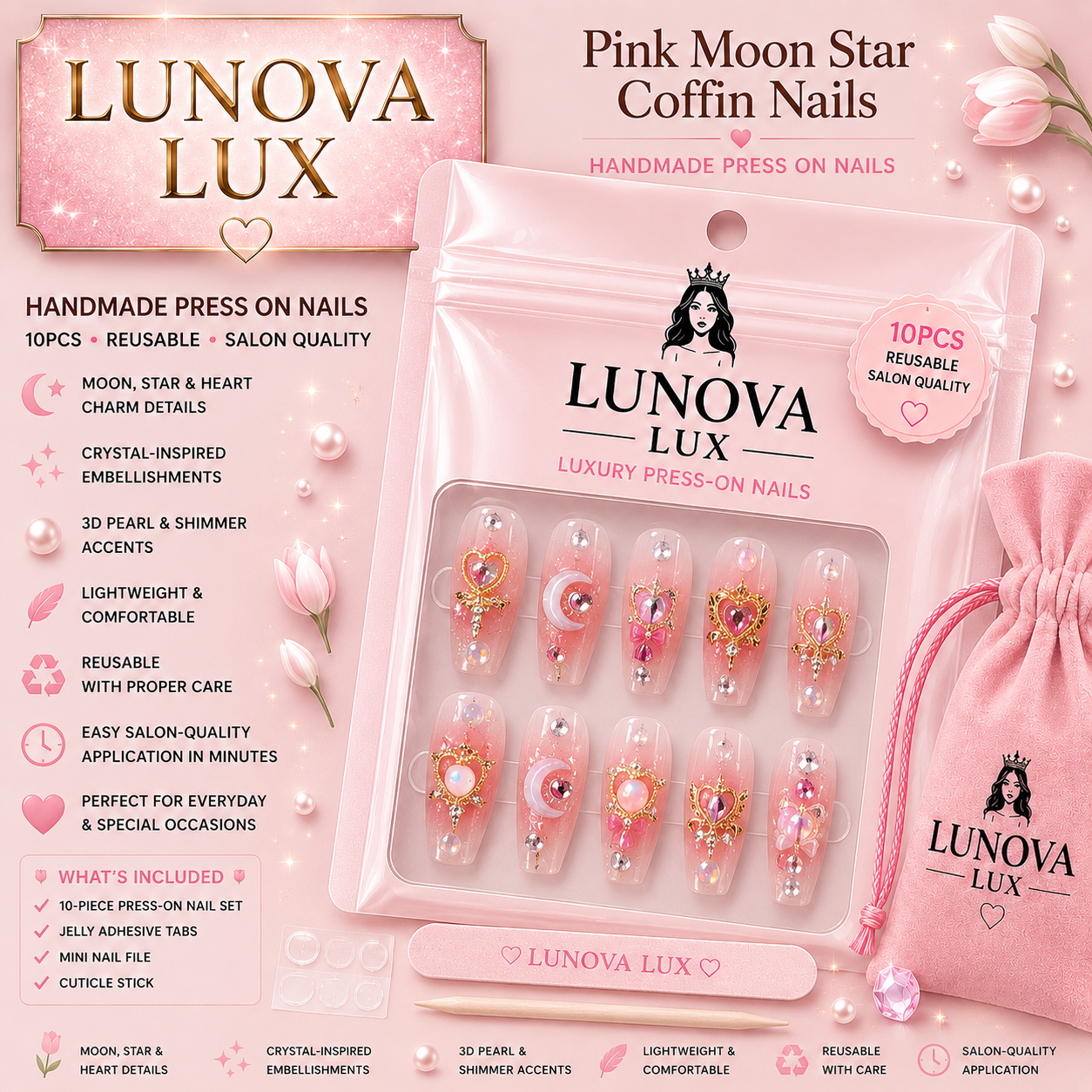 Pink Moon Star Coffin Nails