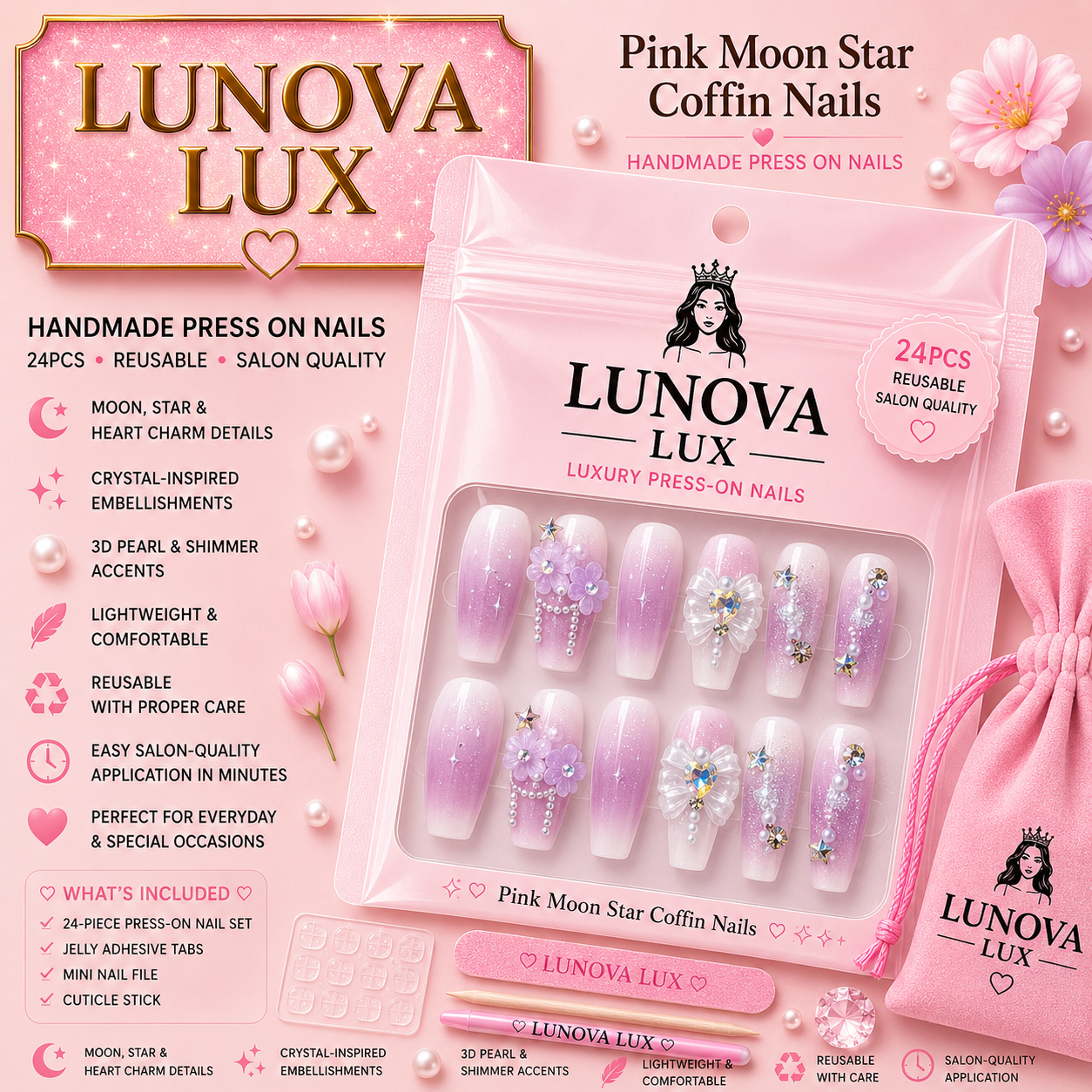 Pink Moon Star Coffin Nails