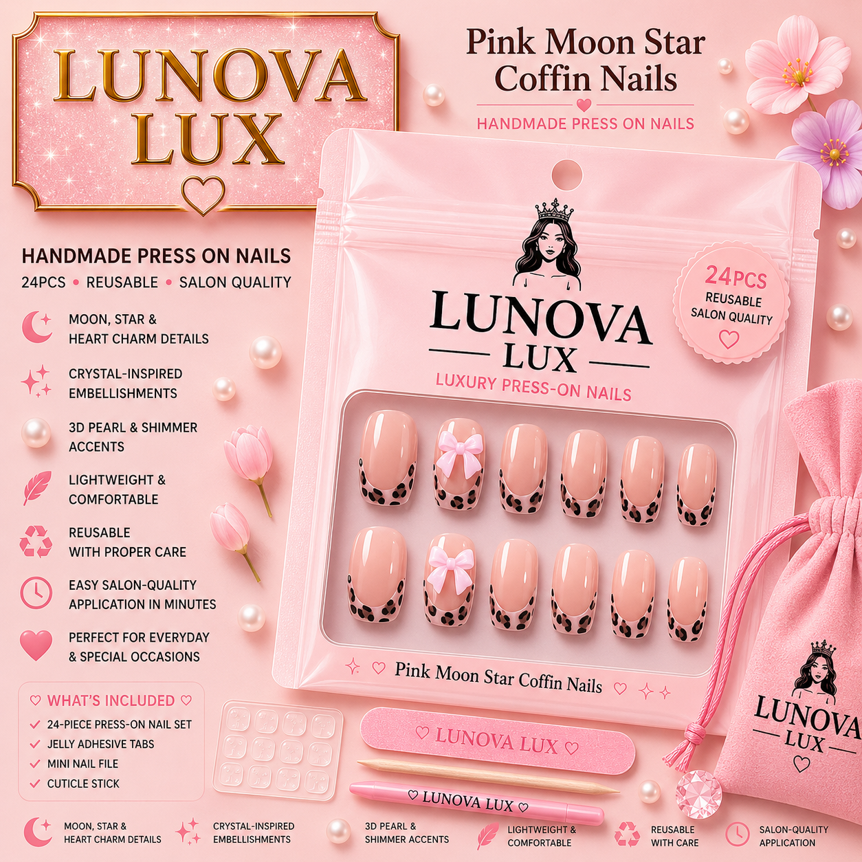Pink Moon Star Coffin Nails