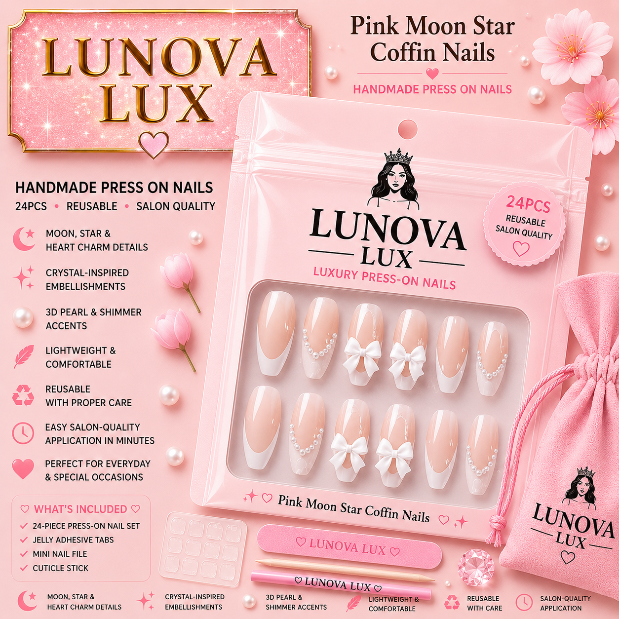 Pink Moon Star Coffin Nails