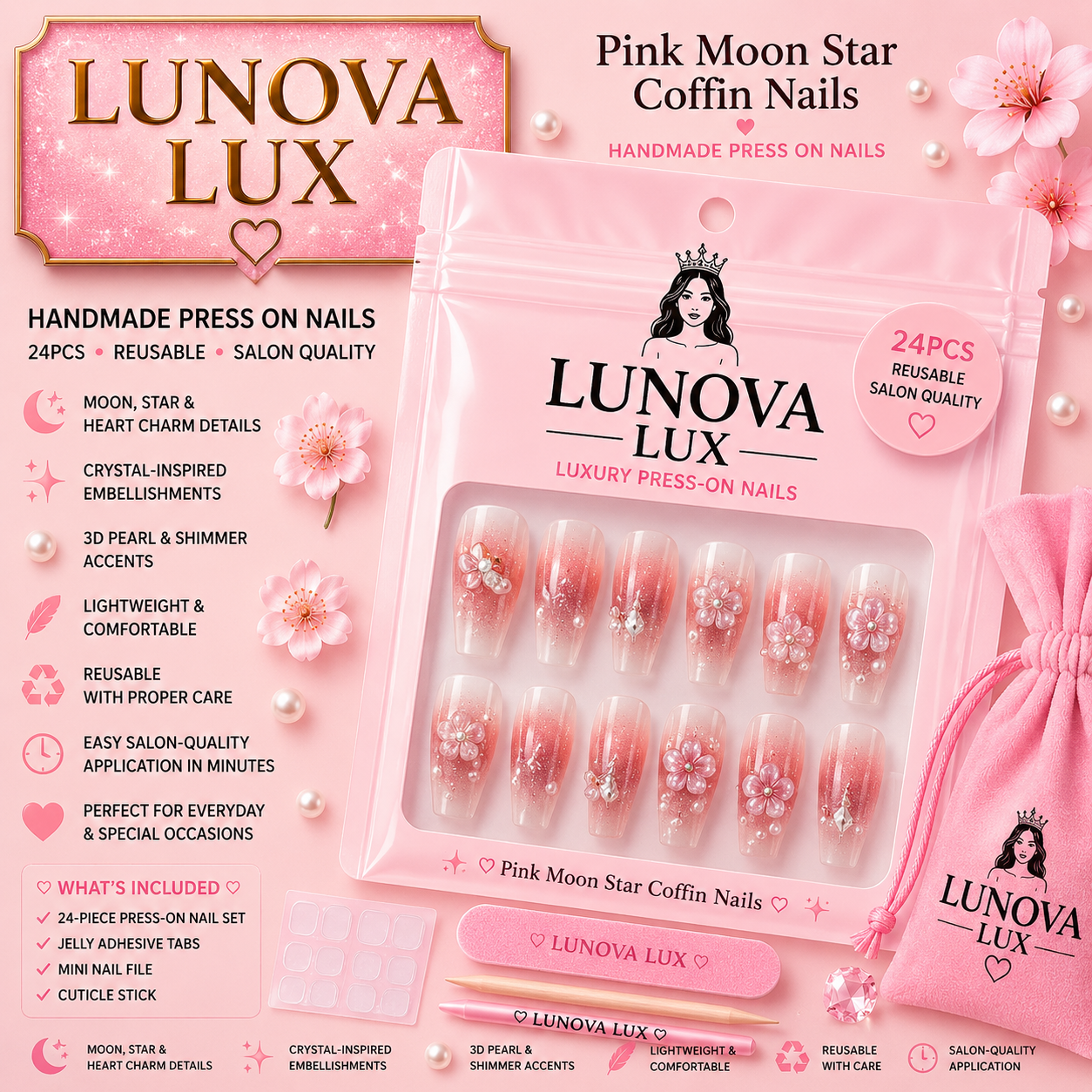 Pink Moon Star Coffin Nails