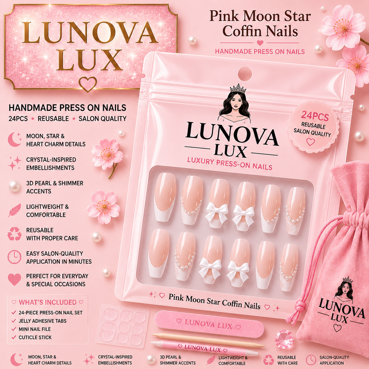Pink Moon Star Coffin Nails