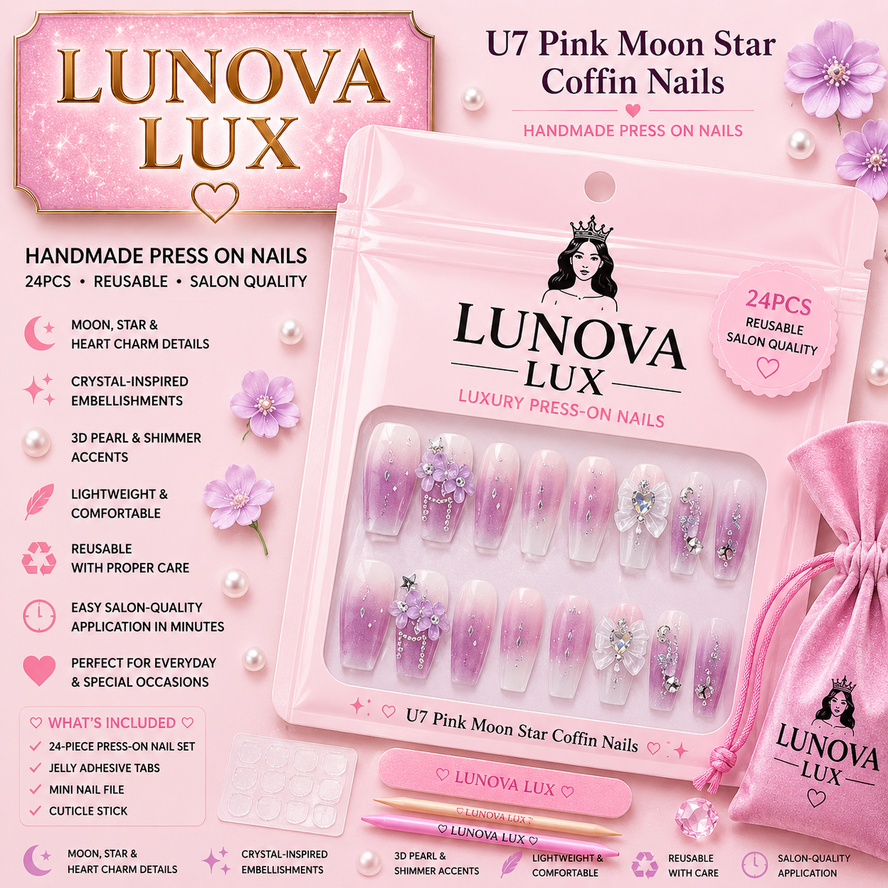 Pink Moon Star Coffin Nails